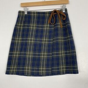 Gap Skirt Womens 8 Blue Green Plaid Wool Blend Wrap Tie Lined ALine Mini Academi